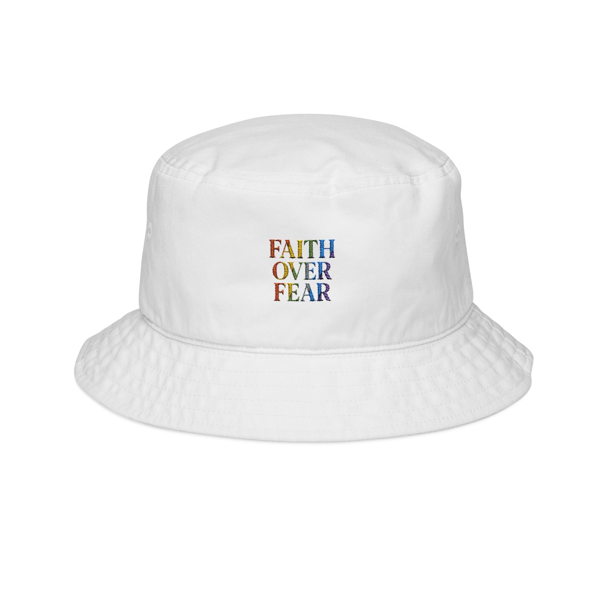 Faith Over Fear Embroidered Bucket Hat — Colorful Floral Religious Sun Hat