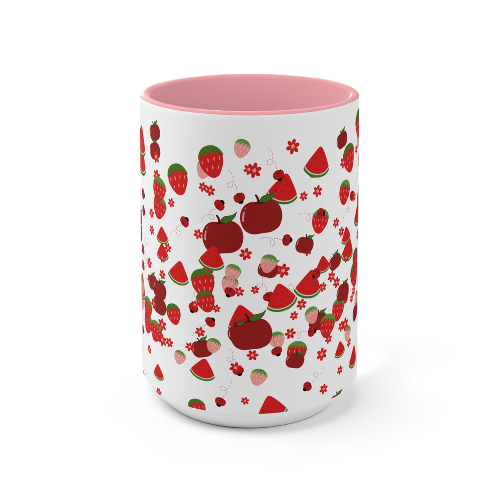 Strawberry & Watermelon Accent Mug — Pink Interior Fruit Pattern Coffee Cup