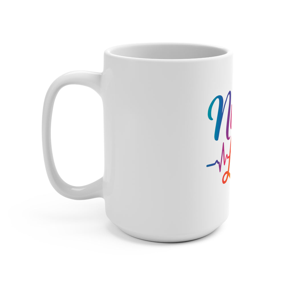Nurse Life 15oz Ceramic Mug — Rainbow Script with Heartbeat Design