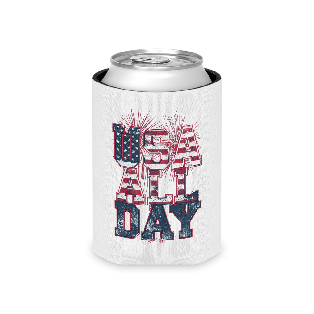 Can Cooler — "USA All Day" American Flag Fireworks Patriotic Beer Koozie