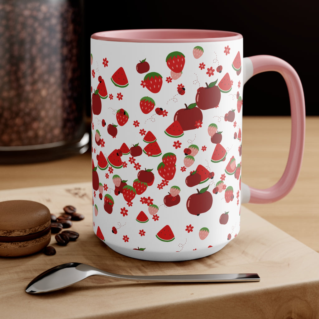 Strawberry & Watermelon Accent Mug — Pink Interior Fruit Pattern Coffee Cup