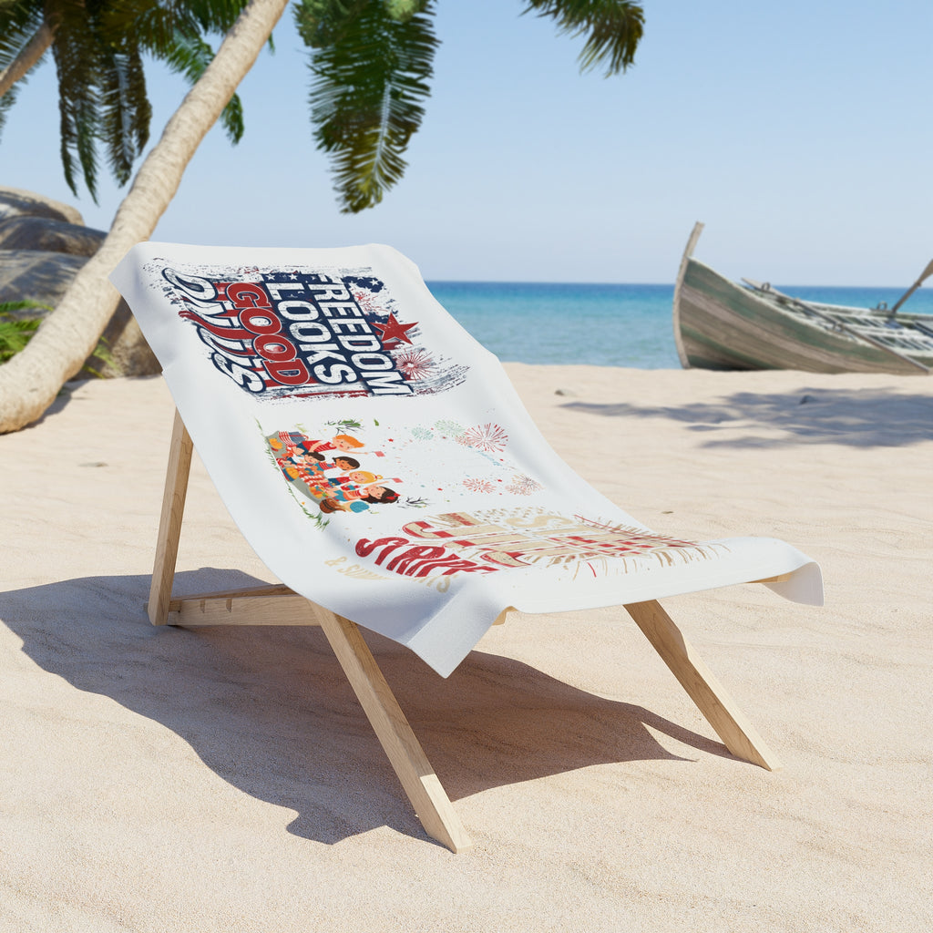 Patriotic 4th of July Beach Towel — "Freedom Looks Good on Us" Fireworks & Stripes