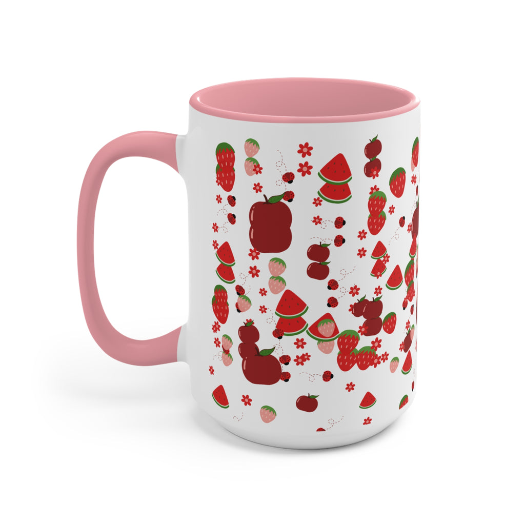 Strawberry & Watermelon Accent Mug — Pink Interior Fruit Pattern Coffee Cup